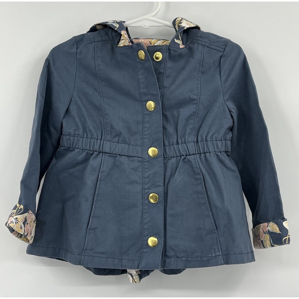 Max Studio Kids Hooded Jacket Blue Pockets Floral Snaps Size 18 Months Cotton